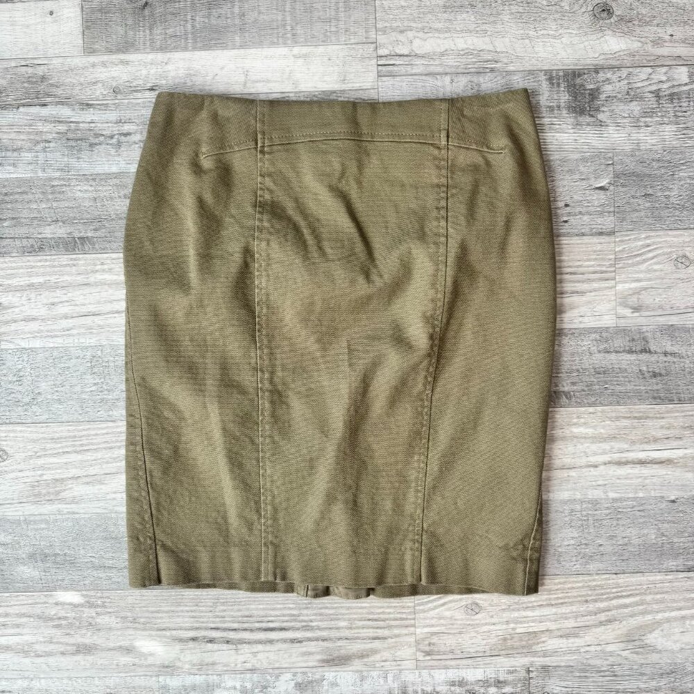 Ann Taylor Olive Green Denim Pencil Skirt Size 8 Petite Back Zip, Slit K2